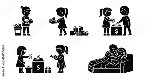 Black silhouettes depicting children donating gifts and resting comfortably