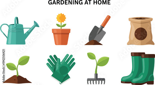 Illustration with gardening tools and plants including a watering can potted flower shovel bag saplings gloves rake and boots
