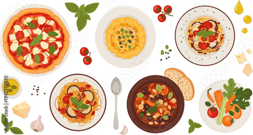 Italian Cuisine Dish Collection with Pizza, Pasta, Risotto, Vegetable Soup, Fresh Ingredients, Cheese, Herbs, and Traditional Mediterranean Food Vector Illustration Set