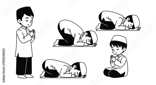Illustration of muslim boys in various positions of prayer