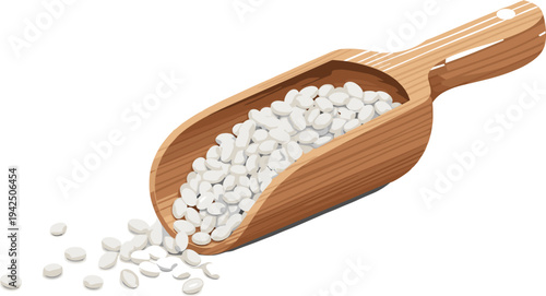 Wooden Scoop Filled with White Beans Isolated on Transparent Background, Natural Food Ingredient Concept for Organic Nutrition, Grocery Products, Healthy Eating, and Kitchen Designs