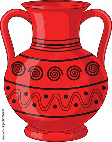 Ancient Red Greek Amphora Ceramic Vase Vector Illustration with Traditional Ornamental Patterns for Historical Education, Interior Design, Museums, and Cultural Heritage Graphics