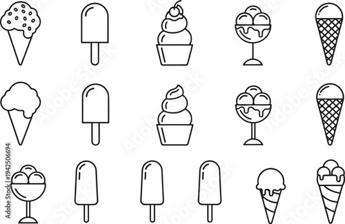 Minimal ice cream and popsicle outline icon set in black and white, dessert collection with cones, sundaes and frozen treats vector illustration