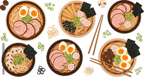 Japanese Ramen Noodle Bowl Collection with Pork Chashu, Boiled Eggs, Mushrooms, Seaweed, Fish Cake, and Chopsticks Traditional Asian Soup Vector Illustration Set