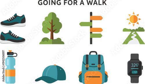 Illustrations depict items related to walking sneakers tree signpost mountain water bottle hat backpack smartwatch