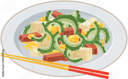 お皿に盛られたゴーヤーチャンプルーのイメージイラスト