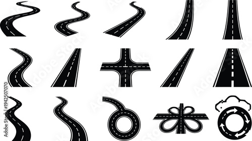 Road and highway icon set with curved, straight and intersection asphalt routes isolated vector illustration for navigation, transportation and traffic design projects
