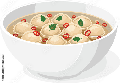 Bowl of Delicious Dumpling Soup with Meat-Filled Dumplings, Creamy Broth, Fresh Herbs, Red Pepper Flakes and Parsley Garnish Vector Illustration for Food Menus, Blogs, Asian Cuisine Designs
