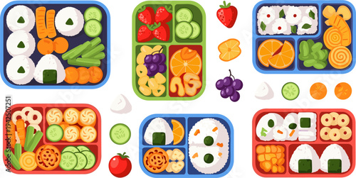 Kids School Lunchbox Bento Meal Collection with Rice Balls, Fruits, Vegetables, Healthy Snacks, and Colorful Japanese Style Lunch Food Vector Illustration Set