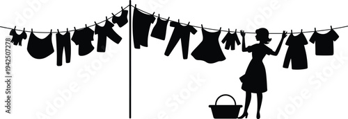 Black silhouette woman hanging laundry on clothesline with clothespins and basket, domestic washing routine concept, garments drying outdoors minimalist household illustration