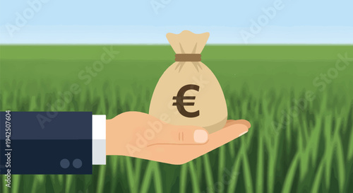 European Union currency symbol on a money bag held in a hand, symbolizing financial investment and economic growth in agriculture