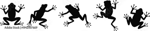 Collection of frog silhouettes in jumping, climbing and sitting poses isolated on white background, amphibian wildlife illustration for nature design, logo and tattoo