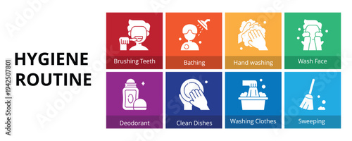 Hygiene Routine Glyph Solid Icons Vector - Brushing Teeth, Bathing, Hand Washing, Wash Face, Deodorant, Clean Dishes, Washing Clothes, Sweeping