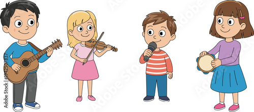 Cartoon children playing music, happy kids with instruments, school concert performance, guitar, violin, singing, tambourine fun illustration