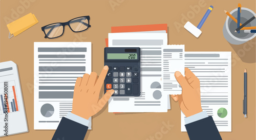 Hands operating a calculator over financial documents and reports on a desk with office supplies