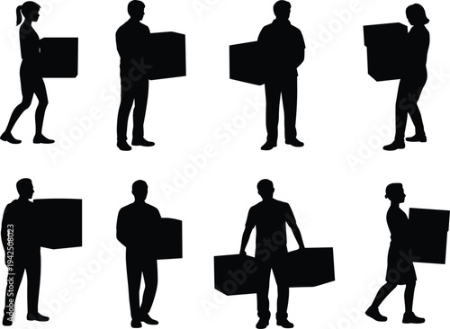People carrying boxes silhouettes set with men and women holding packages isolated on white background, delivery, moving service and warehouse worker concept
