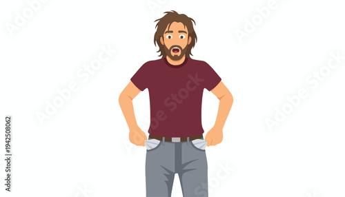 A disheveled man with a surprised expression showing empty pockets, vividly illustrating financial hardship, economic distress, and the stark reality of being completely broke and out of funds