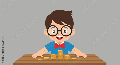 Adorable young boy with glasses and a red bow tie happily stacking gold coins on a wooden table