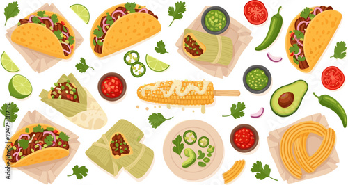 Mexican Street Food Collection with Tacos, Tamales, Churros, Corn on the Cob, Avocado, Salsa Sauces, and Traditional Latin Snack Meal Vector Illustration Set