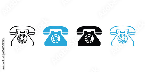 Telephone icon set vector on white background, rotary phone vintage phone symbol collection, old phone retro communication icons, classic landline handset illustrations, minimalist vector design