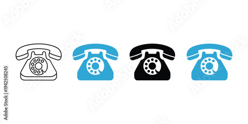 Rotary telephone and vintage phone icon set isolated on white background, retro old phone communication symbols, classic landline handset vector illustration collection for UI design, infographics