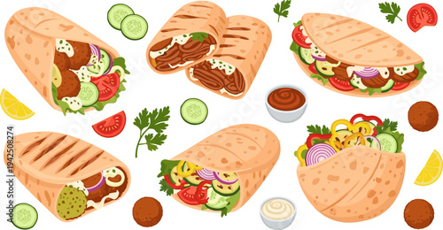 Middle Eastern Shawarma Wrap and Falafel Sandwich Collection with Fresh Vegetables, Flatbread, Sauce Dip, Grilled Meat, and Street Food Meal Vector Illustration Set