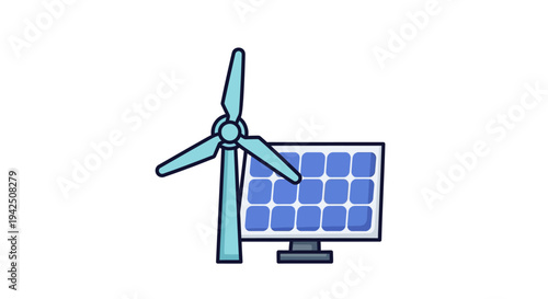 Sustainable power solutions presented by an illustration of a wind turbine and a solar panel, emphasizing clean energy technology