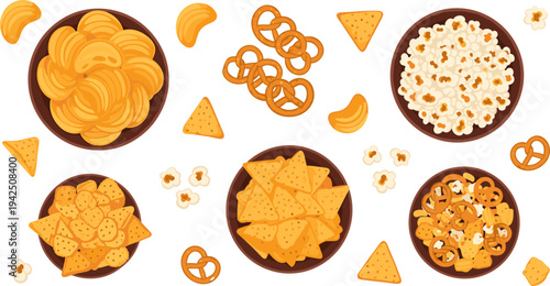 Salty Snack Bowl Collection with Potato Chips, Nacho Chips, Pretzels, Popcorn, and Crunchy Party Snack Food Vector Illustration Set
