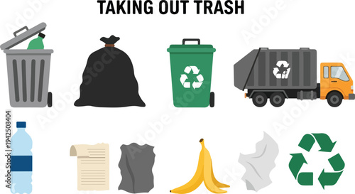 Image depicts waste management trash cans garbage bags a truck and waste items like bottles paper and food scraps