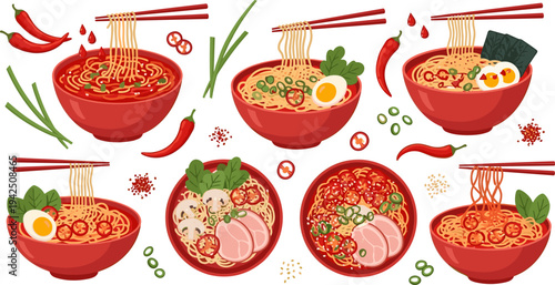 Spicy Ramen Noodle Bowl Collection with Chili Peppers, Eggs, Pork, Mushrooms, Chopsticks, and Hot Japanese Soup Meal Food Vector Illustration Set