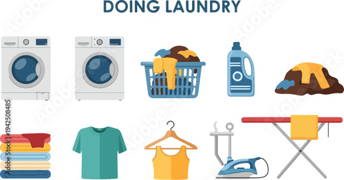 Image depicts laundry items washers a basket with clothes detergent dirty clothing folded clothes tshirt hanger tank top iron ironing board