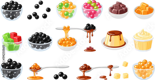 Sweet Dessert Toppings and Jelly Collection with Boba Pearls, Honey Syrup, Chocolate Sauce, Custard Pudding, Cupcake, and Colorful Jelly Cubes Vector Illustration Set