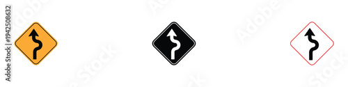 Winding road traffic warning sign icon set. Curvy path and driving safety caution symbol. Vector Illustration.