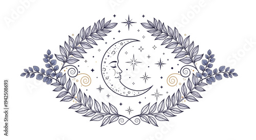 Moon face with stars and leaves wreath design