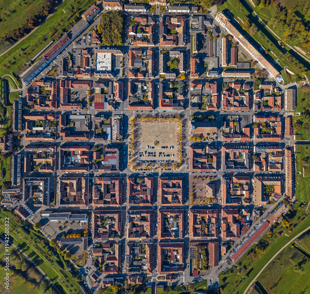 Obraz premium Aerial view of the fortified town of Neuf Brisach, a UNESCO Heritage Site, Alsace, France