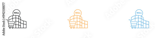 Shopping mall building icon set. Retail store and commercial plaza symbol. Vector Illustration.