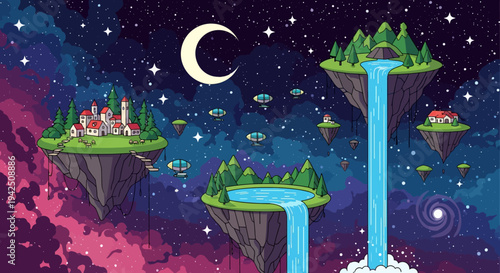 Fantasy floating islands in space with waterfalls and houses