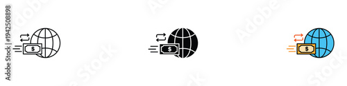 Global money transfer icon set. International remittance and online payment symbol. Vector Illustration.