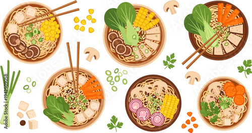 Vegetarian Ramen Noodle Bowl Collection with Tofu, Corn, Mushrooms, Bok Choy, Carrots, Herbs, and Chopsticks Healthy Asian Soup Meal Vector Illustration Set