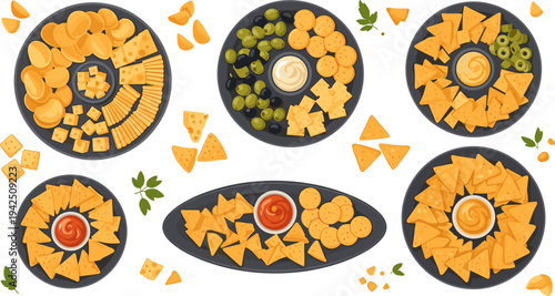 Cheese Snack Platter Collection with Crackers, Nacho Chips, Cheese Cubes, Olives, and Dipping Sauces Party Appetizer Food Vector Illustration Set