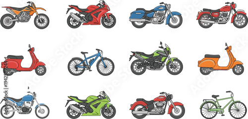 Motorcycles, scooters and bicycles collection with different transport vehicles, colorful motorbike and bike vector illustration set