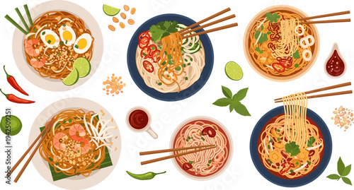 Asian Noodle Bowl Collection with Chopsticks, Shrimp, Chili Peppers, Lime, Herbs, and Spicy Broth Traditional Street Food Meal Vector Illustration Set