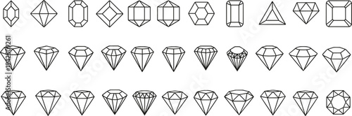 Collection of diamond and gemstone line icons featuring various cut shapes, luxury jewelry symbols and precious crystal illustrations isolated on white background