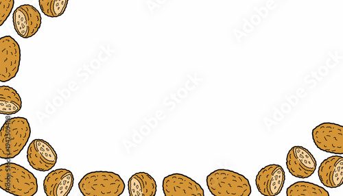 Korokke background Pattern. Japanese Croquette Illustration. Handdrawn Fried Snack. Repeating Streetfood Background. Decorative Food Packaging Design.