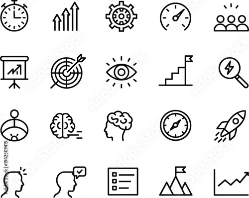 Modern Business Growth Strategy Concept Featuring Strategic Planning, Innovation Icons, Leadership Vision, and Performance Analytics.