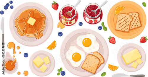 Classic Breakfast Food Collection with Pancakes, Fried Eggs, Toast Bread, Butter, Jam, Honey, and Fresh Berries Morning Meal Vector Illustration Set