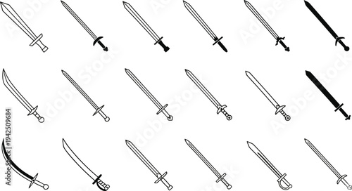 Collection of sword line icons featuring medieval weapons, samurai katana blades, fantasy warrior arms and historical combat equipment illustration set isolated on background