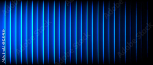 Neon blue glassmorphism ribbed vector background. Bright vertical glowing stripes technical backdrop. Futuristic banner with chromatic aberration.