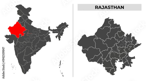 Map of India with Rajasthan State Highlighted in Red and Detailed Administrative District Map of Rajasthan on White Background