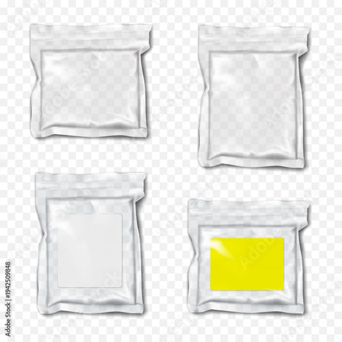 Clear plastic pouch vacuum package. Square, rectangle. Clean, with blank paper label sticker. Realistic 3d vector mockup set. Transparent poly bag. Easy editable mock-up. Template for design